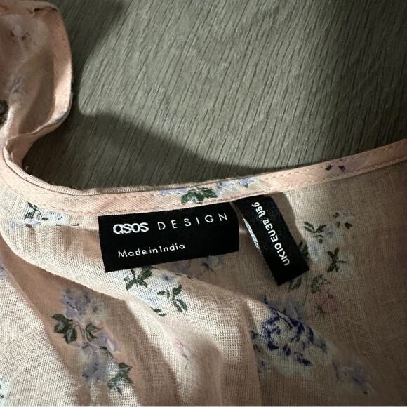 ASOS Design Pink Floral Print Button Up Pleated Long Sleeve Peasant Top Size 6 - Picture 5 of 9